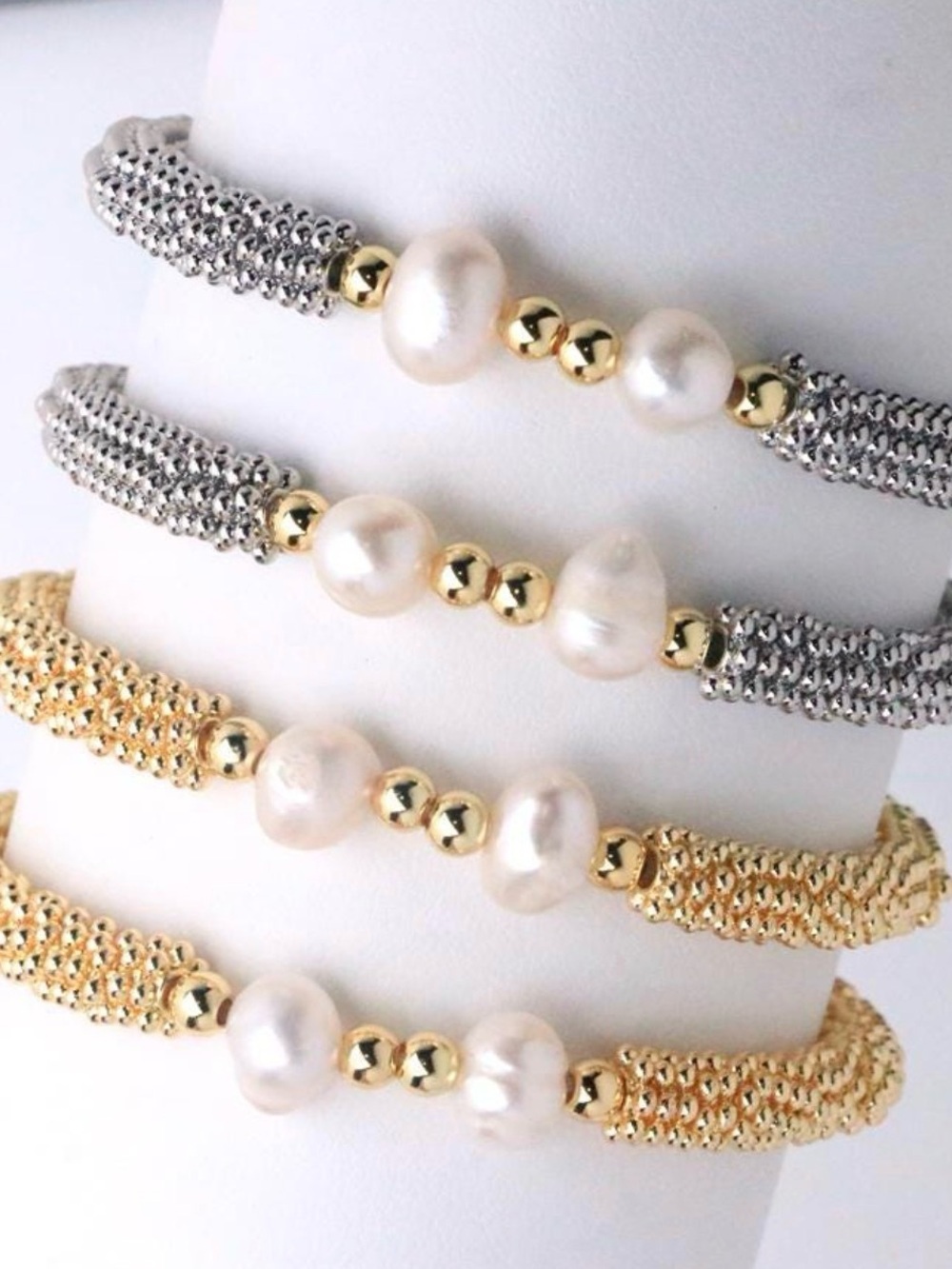 NWT-2pcs Freshwater Pearl/Bead Stretch Bracelet,Available in Gold or Silver